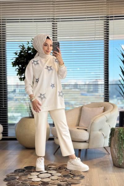 3052 Yıldız Motifli SweatShirt Ekru