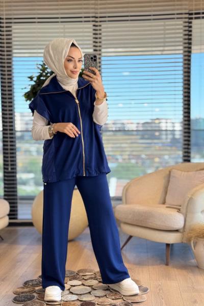 3063 Garni Detaylı Yelekli Takım Lacivert