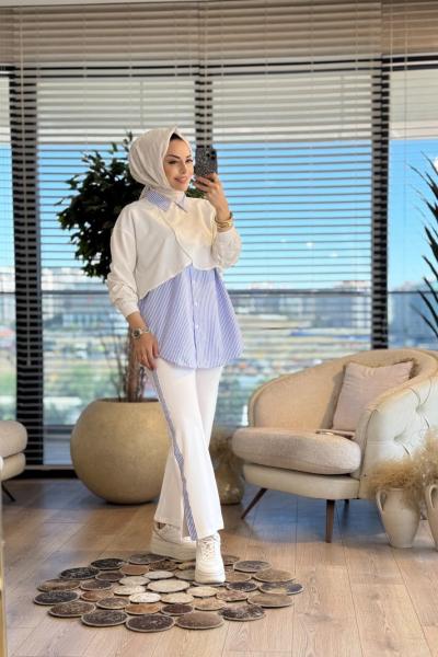 3064 Çizgi Garnili Pelerin Görünümlü Takım Ekru