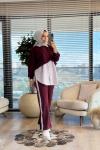 3064 Çizgi Garnili Pelerin Görünümlü Takım Bordo