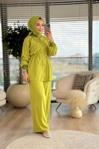 30846 Taş Detaylı Fermuarlı Takım Yağ Yeşili