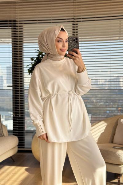 3117 Manşeti Düğme Detaylı Sweatshirt Ekru