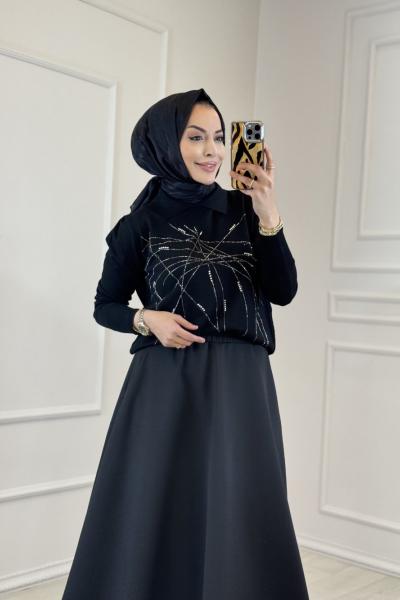 312 Gömlek Yaka Taşlı Triko Tunik Siyah
