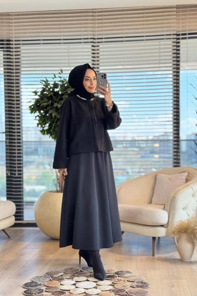 3131 Bukle Bağcık Detaylı Kimono Ceket Siyah