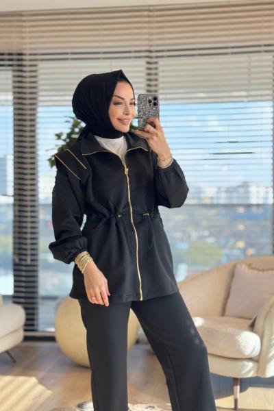 3151 Omuzları Fermuar Detaylı Takım Siyah