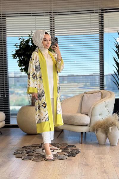 31589 Etnik Desen Baskılı Hırka Açık Yağ Yeşili