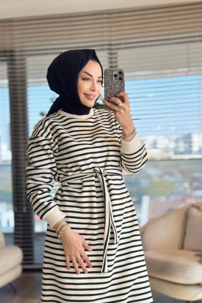 3177 Çizgili Üç İplik Elbise Siyah