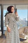 3177 Çizgili Üç İplik Elbise Kahve