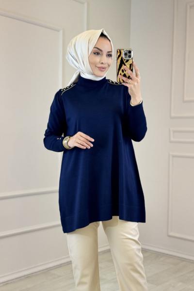 322 0muzu Fermuar Ve Çakma Detaylı Triko Tunik Lacivert
