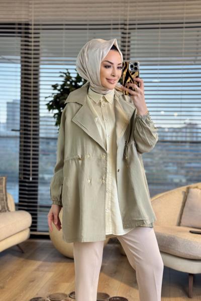 3225 Beli Bağcıklı Dört Düğmeli Ceket Çağla