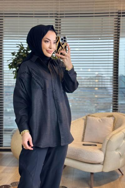 3226 Nakış Üstü Taş İşlemeli Gömlek Siyah