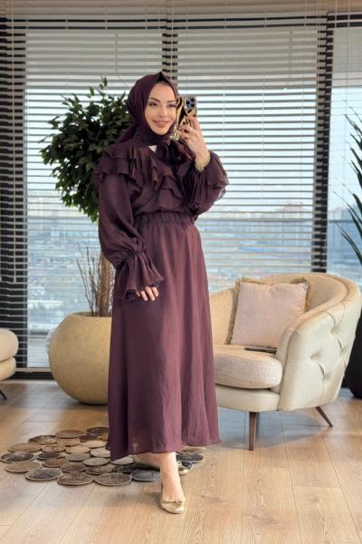 3237 Volan Ve Bağlama Detaylı Etekli Takım Kahve