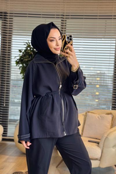 3238 Apolet Detaylı Fermuarlı Ceket Siyah