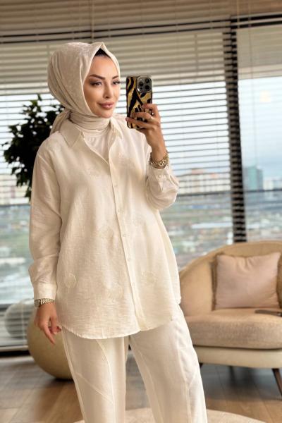 3246 Boncuk İşlemeli Gömlek Ekru