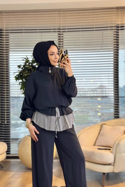 32462 Yaka Ve Baseni Çizgi Parçalı Pantolon Takım Siyah