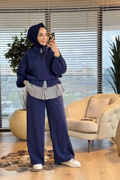 32462 Yaka Ve Baseni Çizgi Parçalı Pantolon Takım Lacivert