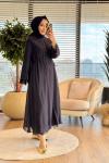 32466 Eteği Dantel Beli Büzgülü Elbise Lacivert