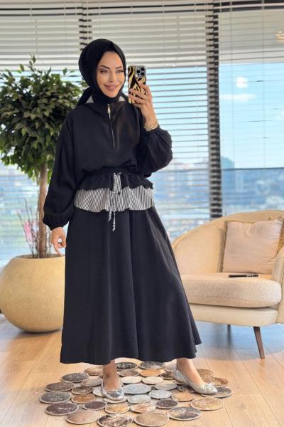 32482 Yaka Ve Baseni Çizgi Parçalı Etek Takım Siyah