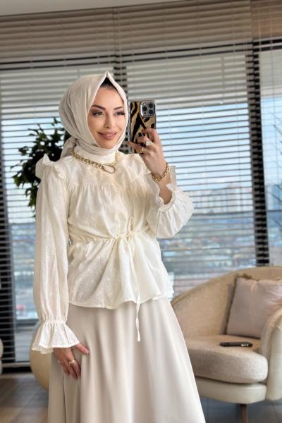 3249 Belden Bağcık Detaylı Gömlek Ekru