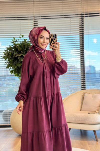 32528 Kendinden Desenli Elbise Bordo