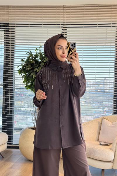 3272 Roba Sıralı Boncuk İşlemeli Gömlek Kahve