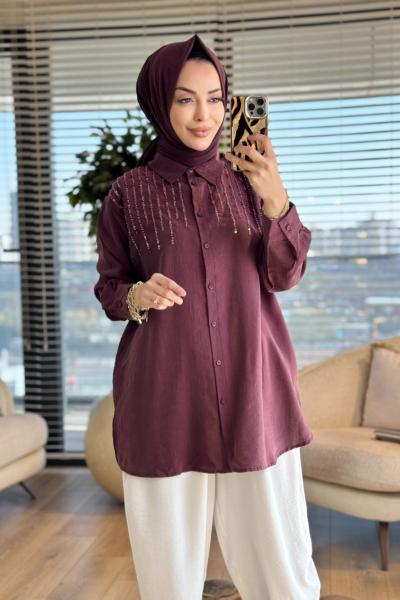 3272 Roba Sıralı Boncuk İşlemeli Gömlek Mürdüm