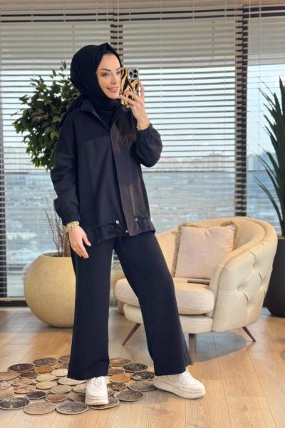 3287 Garni Detaylı Bağcıklı Takım Siyah
