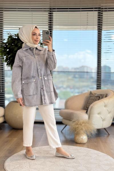 33440 Robalı Önü Çıtçıt Ve Cepli Kot Ceket Gri