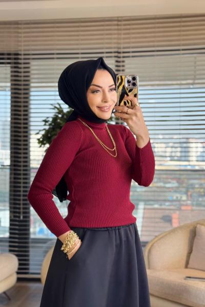 3347 Dik Yaka Triko Kazak Bordo