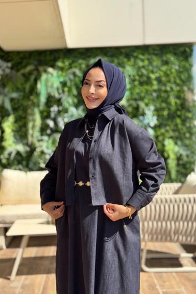 3348 Tencel Beli Kemerli Elbise 2li Takım Lacivert