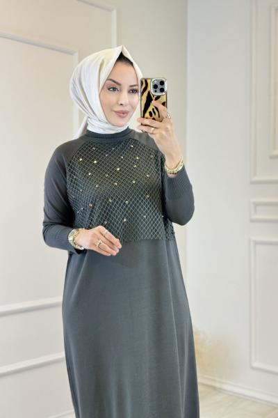 336 Önü Fileli Triko Elbise Haki