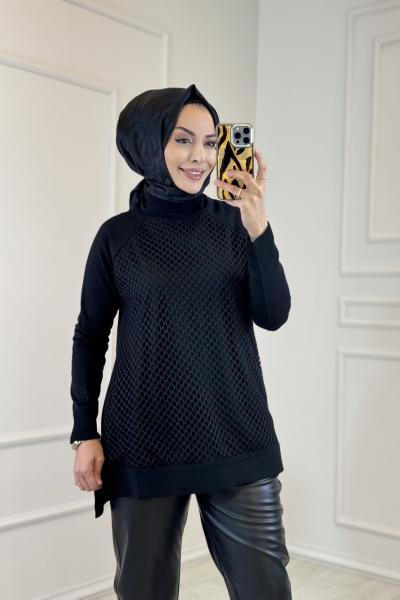 337 Önü Fileli Triko Tunik Siyah