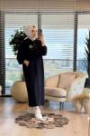 33744 Baskılı Kapşonlu Cepli Elbise Siyah