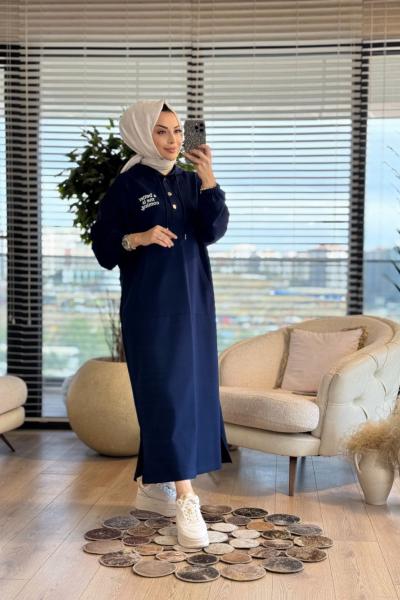 33744 Baskılı Kapşonlu Cepli Elbise Lacivert