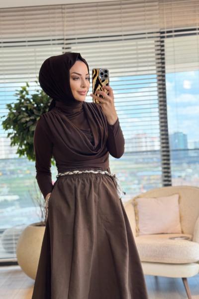 3375 Kemeri  Detaylı Etek Kahve