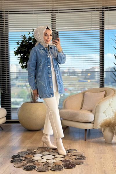 33850 Üstü Taş Baskılı Kot Ceket Mavi