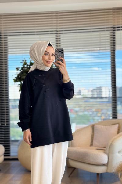 34049 Taş Detaylı SweatShirt Siyah