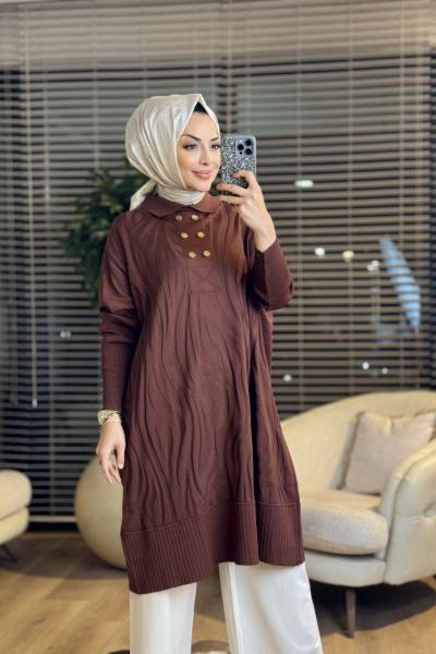 3502 Kendinden Desenli Patı 2 Sıra Düğmeli Triko Tunik Kahve