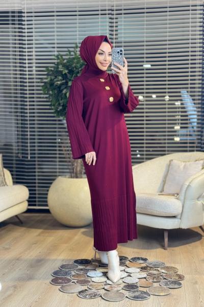 3507 Metal 3 Broşlu Triko Elbise Bordo