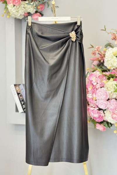 35392 Deri Metal Aksesuarlı Etek Siyah