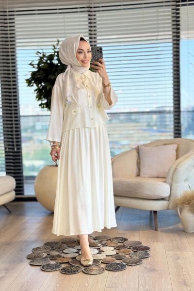 35434 Düğme Ve Cep Detaylı Etekli Takım Ekru