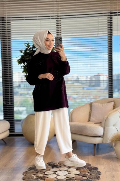 35442 Kabarık Çiçek Nakışlı Tunik Bordo