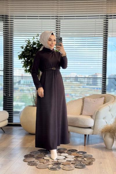 35539 Kemerli Balıkçı Yaka Simli Elbise Kahve