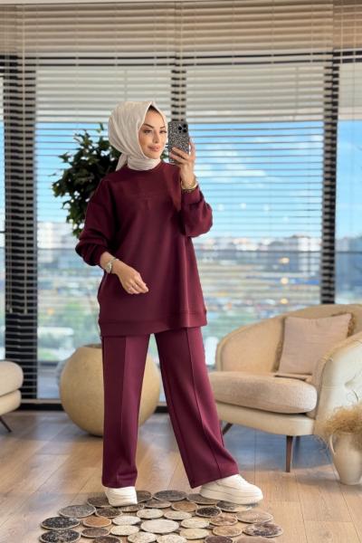 35798 Tonaton Baskı Geniş Paçalı Pantolonlu Takım Bordo