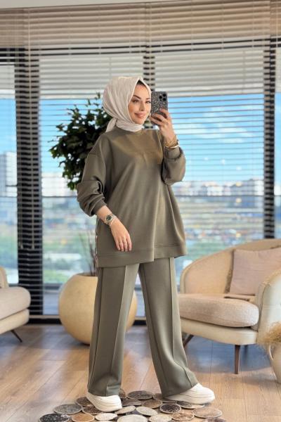 35798 Tonaton Baskı Geniş Paçalı Pantolonlu Takım Haki