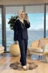 35881 Kruvaze Düğmeli Triko Pantolonlu Takım Lacivert