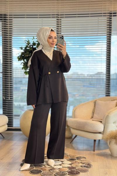 35881 Kruvaze Düğmeli Triko Pantolonlu Takım Kahve