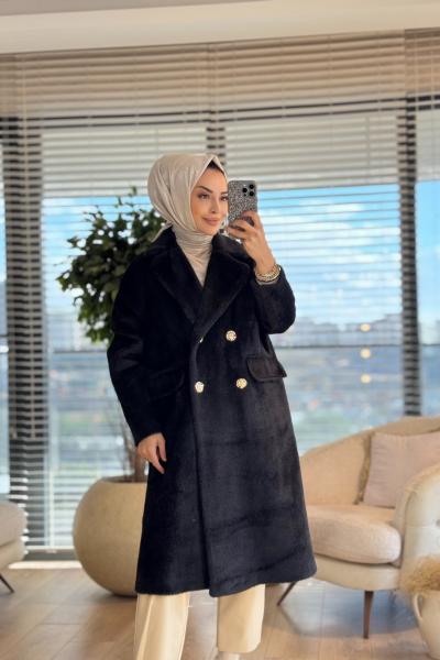 36089 Gold Düğmeli Peluş Kaban Siyah