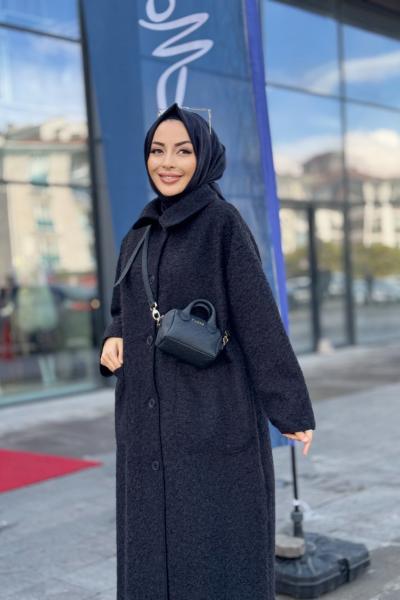 36638 Melanjlı Kaşe Bukle Kaban Siyah