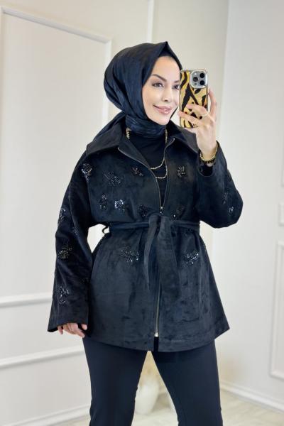 37879 Boncuk İşleme Detaylı Süet Kap Siyah